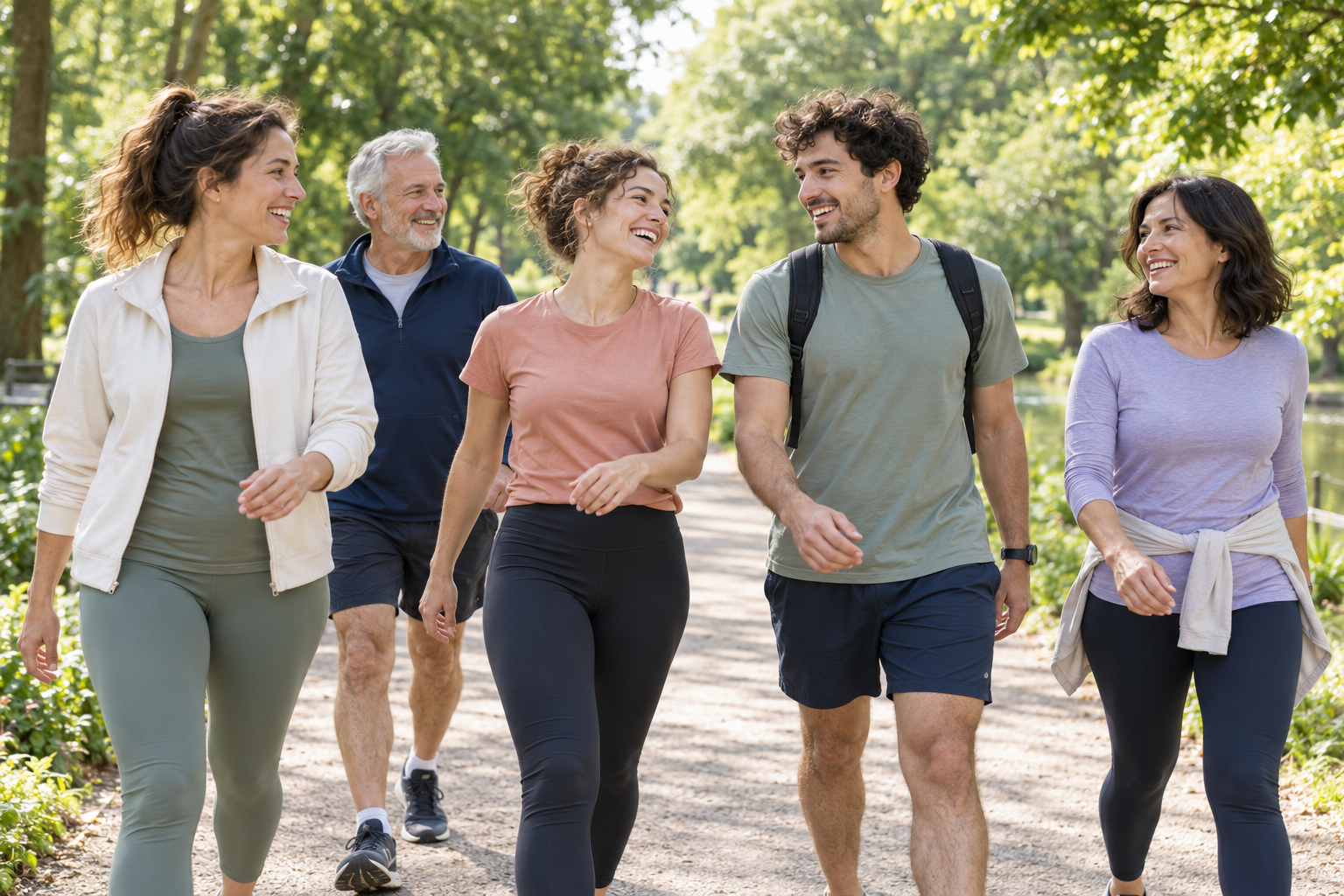 Illustration : un groupe de femmes et d’hommes de différents âges marche ensemble dans un parc.